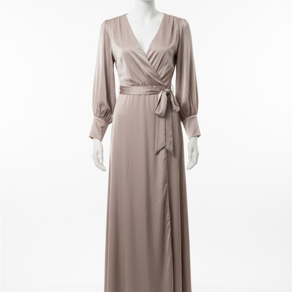 Elloquii Chic Long Sleeve Maxi Dress in Taupe with off centered left split.